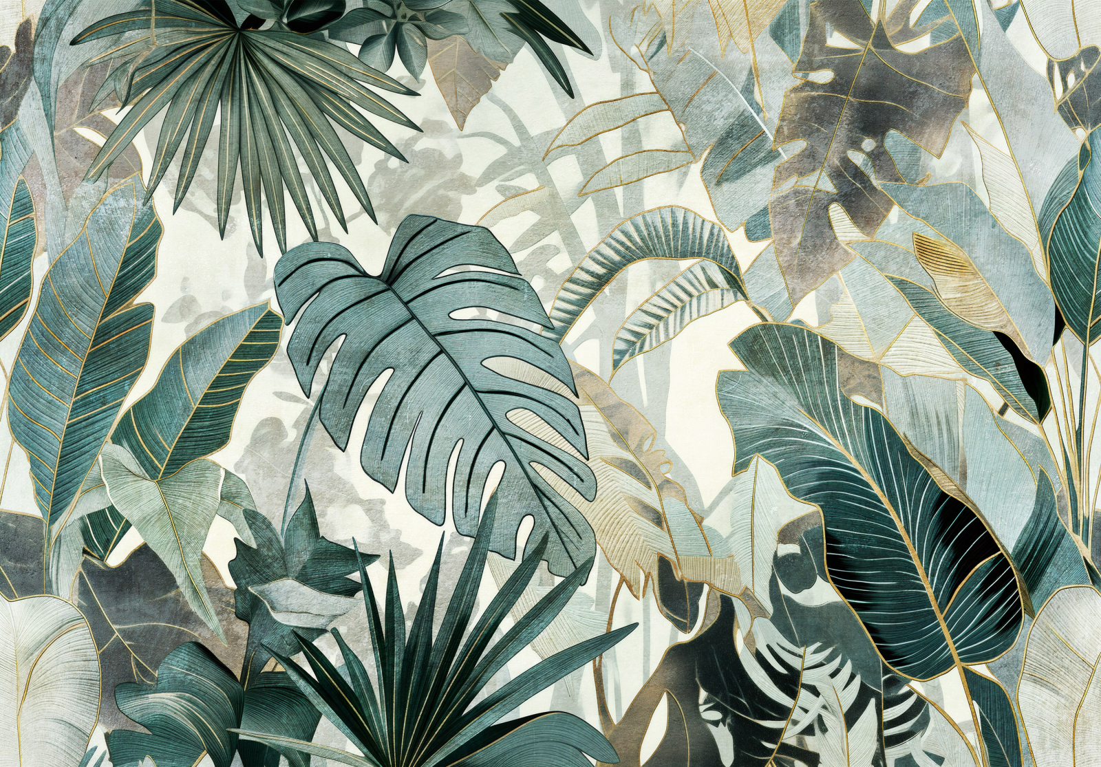 Фототапет с ботанични листа в зелено и злато